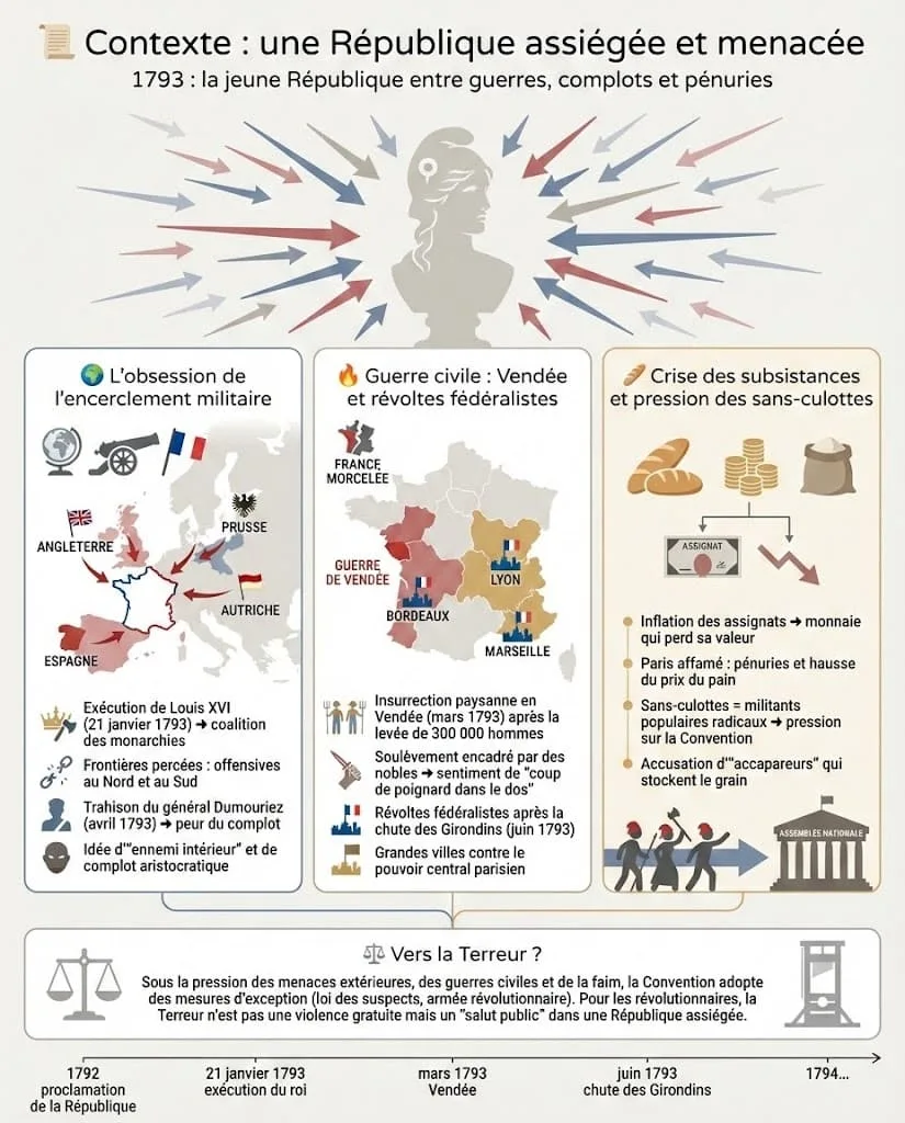 Infographie pédagogique expliquant les menaces pesant sur la jeune République française en 1793 : l'encerclement militaire par les monarchies européennes, la guerre civile en Vendée et les révoltes fédéralistes, ainsi que la crise des subsistances et la pression des sans-culottes.