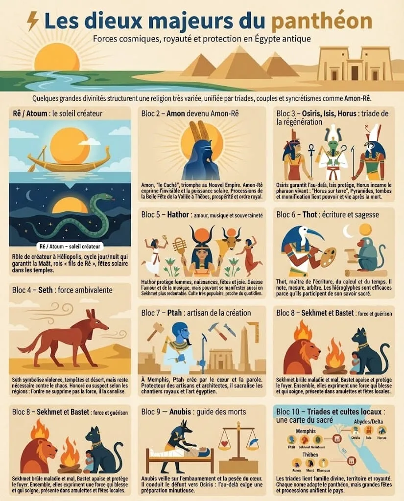 Infographie prĂ©sentant les principales divinitĂ©s du panthĂ©on Ă©gyptien (RĂȘ, Amon, Osiris, Isis, Horus, Hathor, Thot, Ptah, Sekhmet, Bastet, Anubis) avec leurs attributs, leurs rĂŽles et les grandes triades locales.