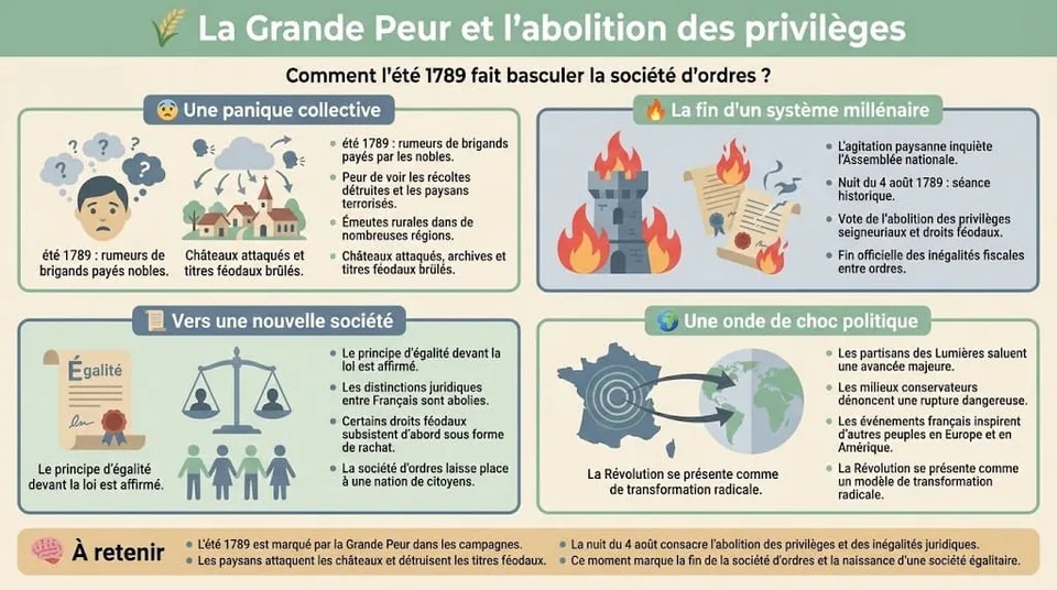 Infographie éducative sur l'été 1789 dans les campagnes. Elle illustre la panique collective de la