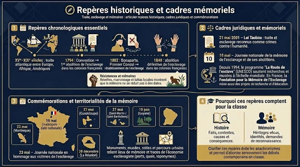 Infographie montrant les repères chronologiques essentiels de la traite atlantique, les cadres juridiques et mémoriels comme la loi Taubira, ainsi que les dates de commémoration et leur usage en classe.