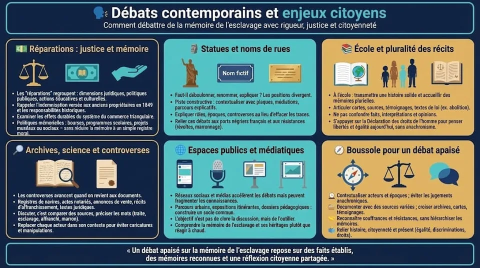 Infographie pédagogique présentant les débats contemporains sur la mémoire de l’esclavage, autour des réparations, des statues et noms de rues, de l’école, des archives, des médias et d’une boussole pour un débat apaisé.
