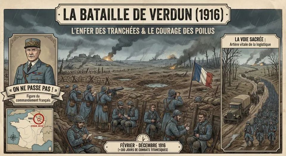 Infographie illustrée façon affiche ancienne détaillant la Bataille de Verdun 1916. Au centre, des Poilus français dans une tranchée boueuse sous la pluie face à un no man's land dévasté. à gauche, portrait du général Pétain avec la citation