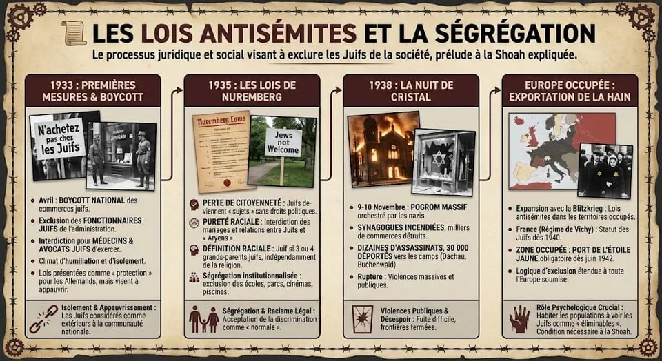 Infographie détaillant les étapes de l'exclusion des Juifs : boycott de 1933, lois de Nuremberg de 1935, Nuit de Cristal en 1938 et port de l'étoile jaune en Europe occupée.