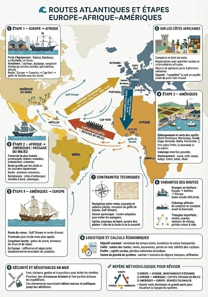 Infographie montrant les routes atlantiques du commerce triangulaire, avec les flèches Europe → Afrique → Amériques → Europe, les vents dominants, les principales côtes concernées et les grandes étapes du voyage des navires négriers.