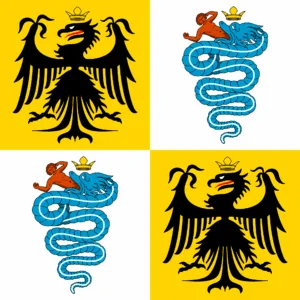 Drapeau du duché de Milan vers 1450, avec la croix rouge sur fond blanc et les armoiries de la famille Sforza
