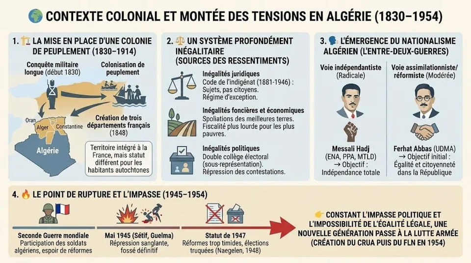 Infographie expliquant la conquĂȘte et la colonisation de lâAlgĂ©rie par la France, les inĂ©galitĂ©s fonciĂšres et politiques et la montĂ©e du nationalisme algĂ©rien avant 1954.