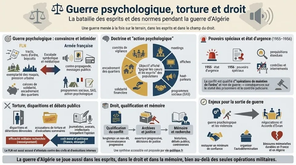 Infographie sur lâaction psychologique, les pouvoirs spĂ©ciaux, les accusations de torture, les dĂ©bats juridiques et les enjeux de mĂ©moire liĂ©s Ă la guerre dâAlgĂ©rie.