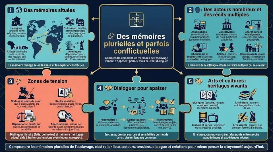Infographie présentant les monuments, musées, traces urbaines, dates de commémoration et pistes pédagogiques pour étudier un lieu lié à l’esclavage avec les élèves.