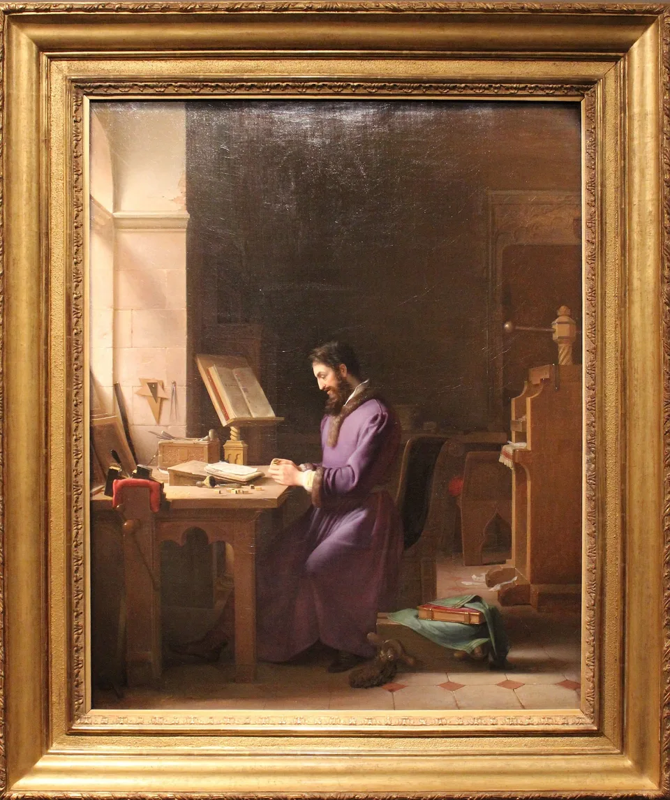 Tableau du dĂ©but du XIXe siĂšcle (par Jean-Antoine Laurent) imaginant Gutenberg au travail sur ses premiers essais dâimprimerie