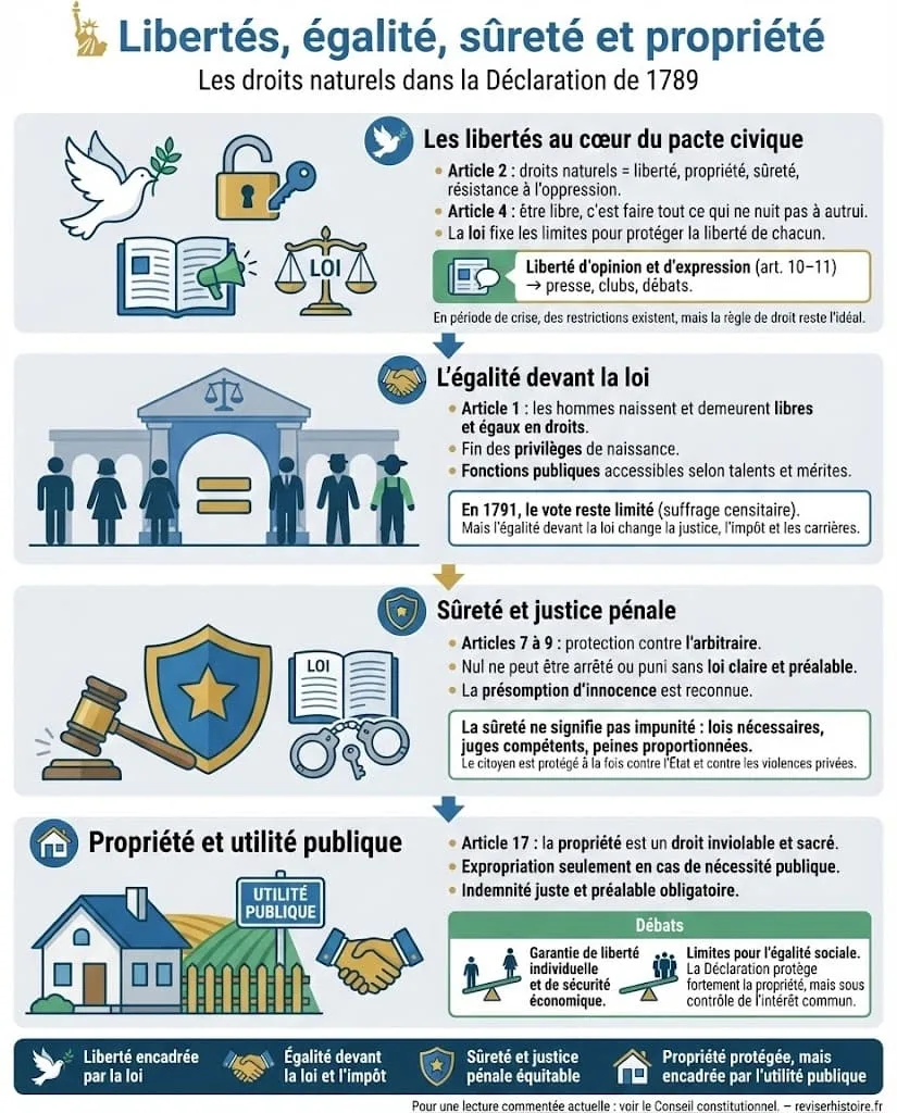 Infographie rĂ©sumant les principaux droits garantis par la DĂ©claration des droits de lâhomme et du citoyen de 1789 : libertĂ©s fondamentales, Ă©galitĂ© devant la loi, sĂ»retĂ©, prĂ©somption dâinnocence et protection de la propriĂ©tĂ©.