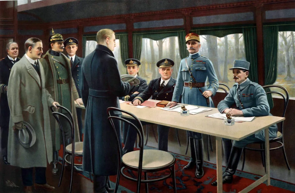 Peinture de Verneuil représentant la signature de l’armistice de 1918 dans le wagon