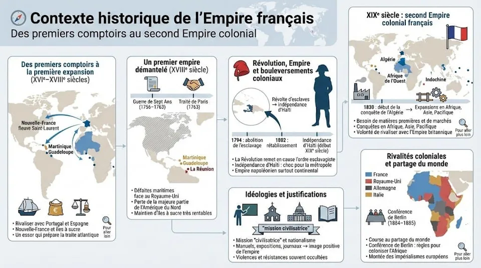 Infographie présentant le contexte historique de l’Empire colonial français, des premiers comptoirs du XVIe siècle aux rivalités impérialistes européennes du XIXe siècle.