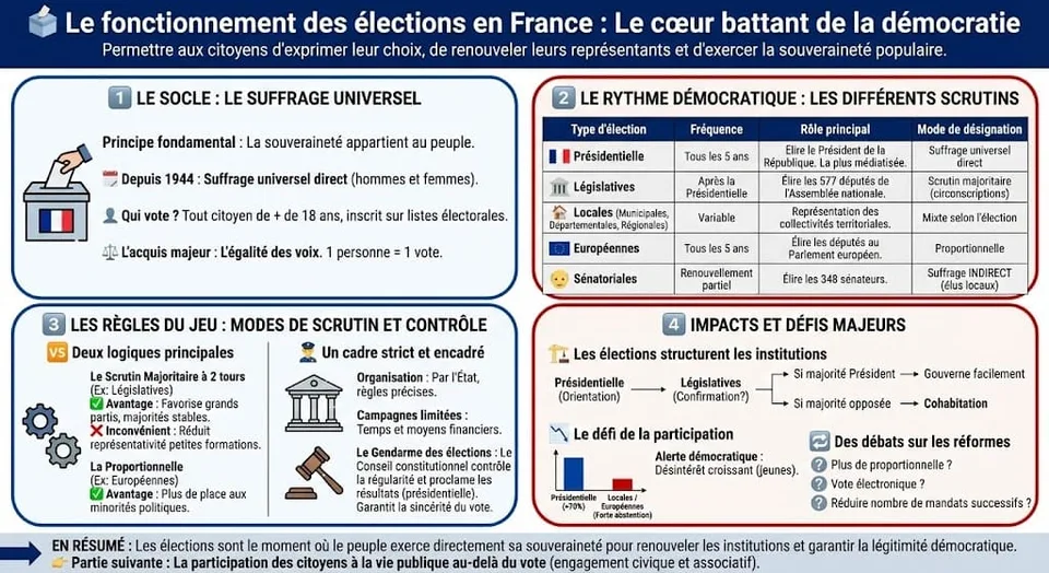 Infographie détaillant les élections en France. Elle présente le principe du suffrage universel, les différents types de scrutins (présidentiel, législatif, local, européen, sénatorial) et les modes de scrutin (majoritaire vs proportionnelle).