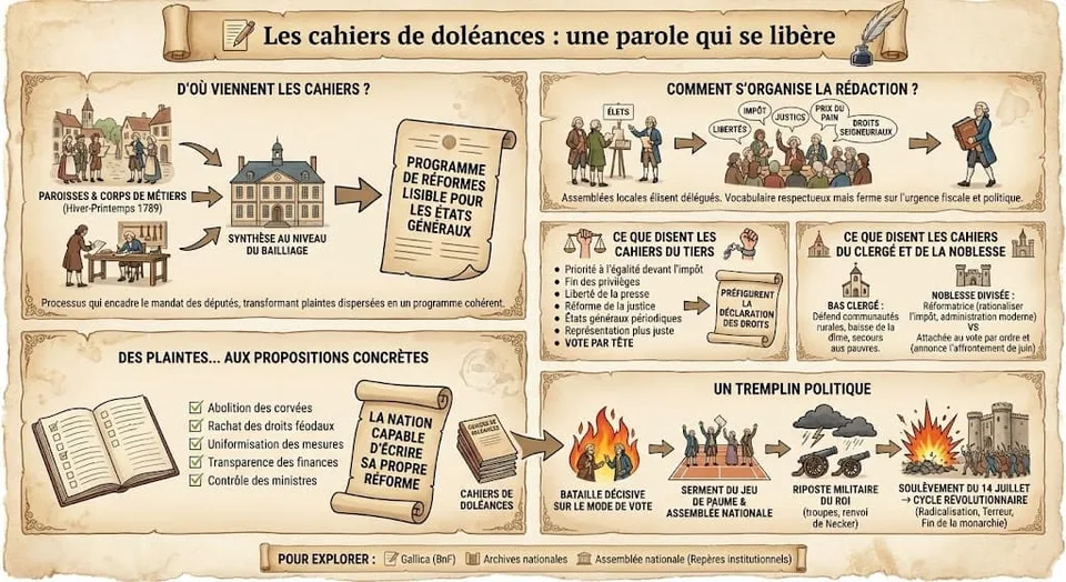 Illustration du processus des cahiers de dolĂ©ances de 1789 : de la rĂ©daction locale dans les paroisses aux synthĂšses par bailliage. DĂ©tail des revendications fiscales et politiques du Tiers Ătat, opposĂ©es aux positions du clergĂ© et de la noblesse.