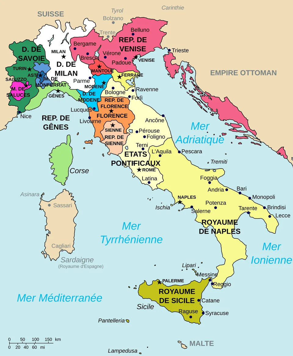 Carte politique de l’Italie en 1494 montrant les principaux États et cités-États à l’aube de la Renaissance.