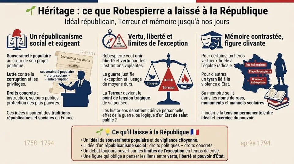 Infographie sur lâhĂ©ritage politique de Robespierre pour la RĂ©publique française, mettant en avant la souverainetĂ© populaire, le rĂ©publicanisme social, les droits concrets et le dĂ©bat sur lâexception et la Terreur dans la mĂ©moire historique.