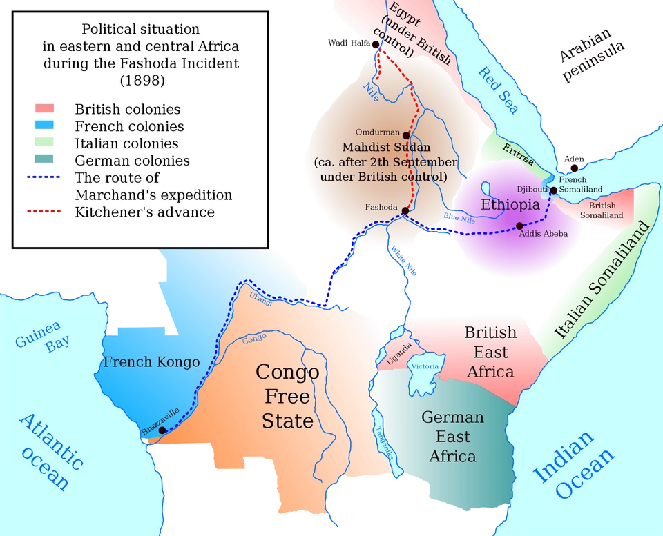 Illustration des troupes françaises et britanniques lors de l’incident de Fachoda au Soudan