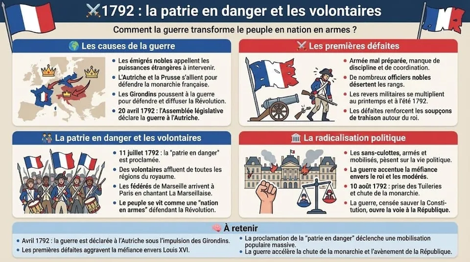 Infographie tricolore sur l'année 1792. Elle explique les causes de la guerre contre l'Autriche, les premières défaites françaises, la proclamation de la
