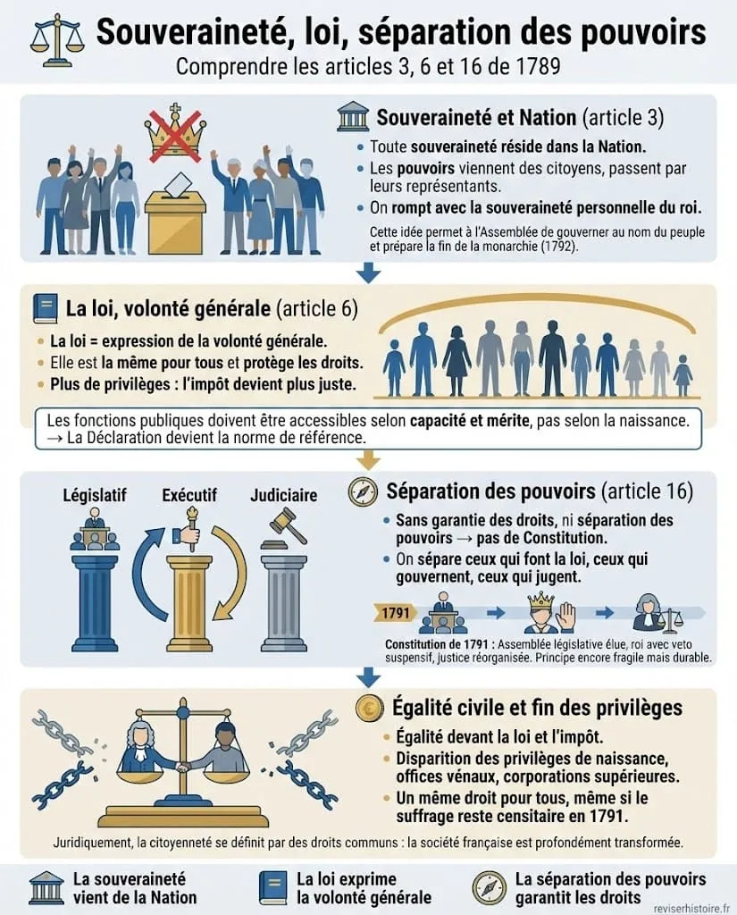 Infographie prĂ©sentant les articles 3, 6 et 16 de la DĂ©claration des droits de lâhomme et du citoyen de 1789, expliquant la souverainetĂ© nationale, la loi comme expression de la volontĂ© gĂ©nĂ©rale et la sĂ©paration des pouvoirs.