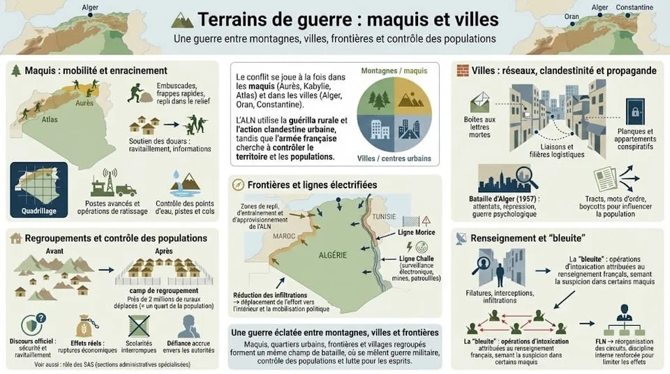 Infographie montrant la complĂ©mentaritĂ© entre maquis ruraux et lutte urbaine, le quadrillage de lâarmĂ©e française, les lignes Ă©lectrifiĂ©es et les regroupements de population.