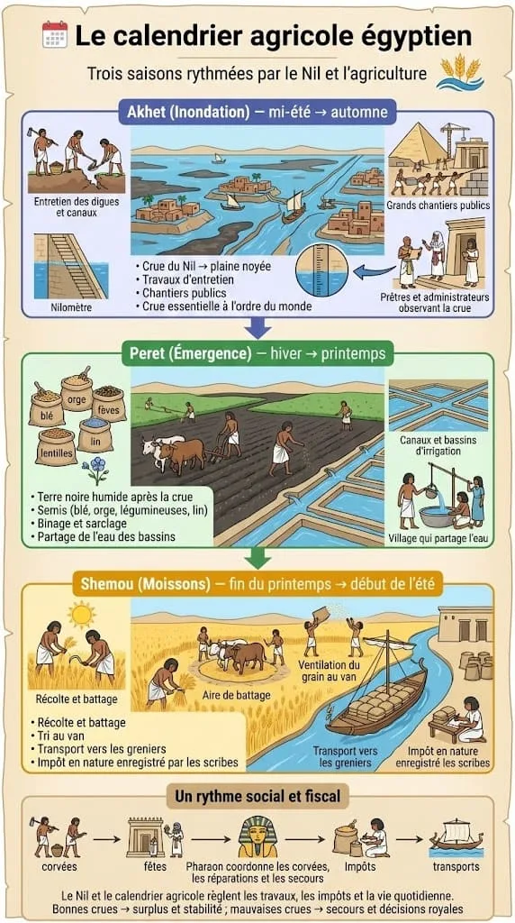 Calendrier agricole égyptien : Akhet (inondation), Peret (semis), Shemou (moissons), lié au cycle de la crue du Nil.
