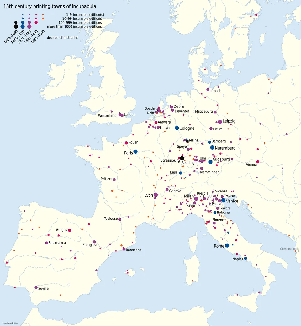 Carte montrant les principales villes d’Europe ayant une imprimerie à la fin du XVe siècle.