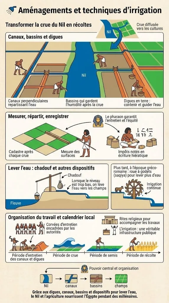 Irrigation en Égypte antique : canaux, digues, bassins et chadouf pour maîtriser la crue du Nil.