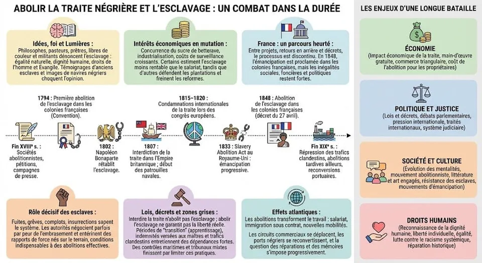 Infographie synthétisant les grandes étapes des abolitions de la traite et de l’esclavage entre la fin du XVIIIe et le XIXe siècle, ainsi que les arguments moraux, religieux, économiques et politiques associés.