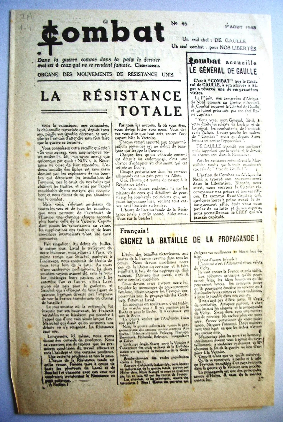 Une du journal clandestin Combat en 1943, Résistance française