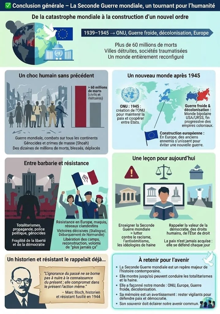 Fiche de révision résumant les enjeux de la guerre : conflit total, idéologique, génocidaire et matrice du monde contemporain.
