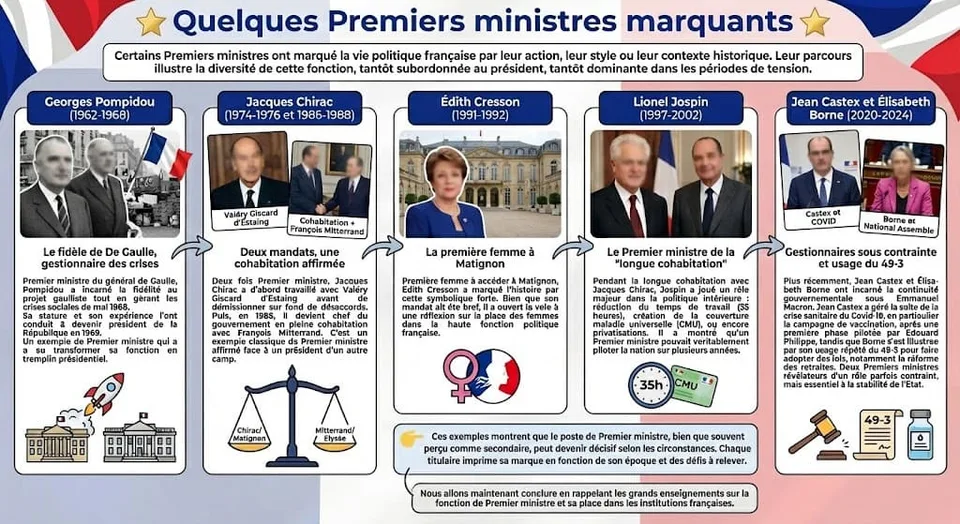 Infographie chronologique prĂ©sentant des Premiers ministres français ayant marquĂ© l'histoire : Georges Pompidou (pĂ©riode gaulliste), Jacques Chirac (cohabitation de 1986), Ădith Cresson (premiĂšre femme Ă Matignon), Lionel Jospin (longue cohabitation), et le duo Jean Castex / Ălisabeth Borne (pĂ©riode rĂ©cente, gestion Covid et 49-3). Les visages sur les photos d'illustration sont floutĂ©s.