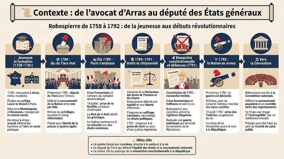 Infographie retraçant la jeunesse de Maximilien Robespierre, sa formation dâavocat Ă Arras, ses Ă©tudes Ă Paris, puis son Ă©lection comme dĂ©putĂ© du Tiers Ă©tat aux Ătats gĂ©nĂ©raux de 1789, jusquâĂ son entrĂ©e dans la RĂ©volution française.