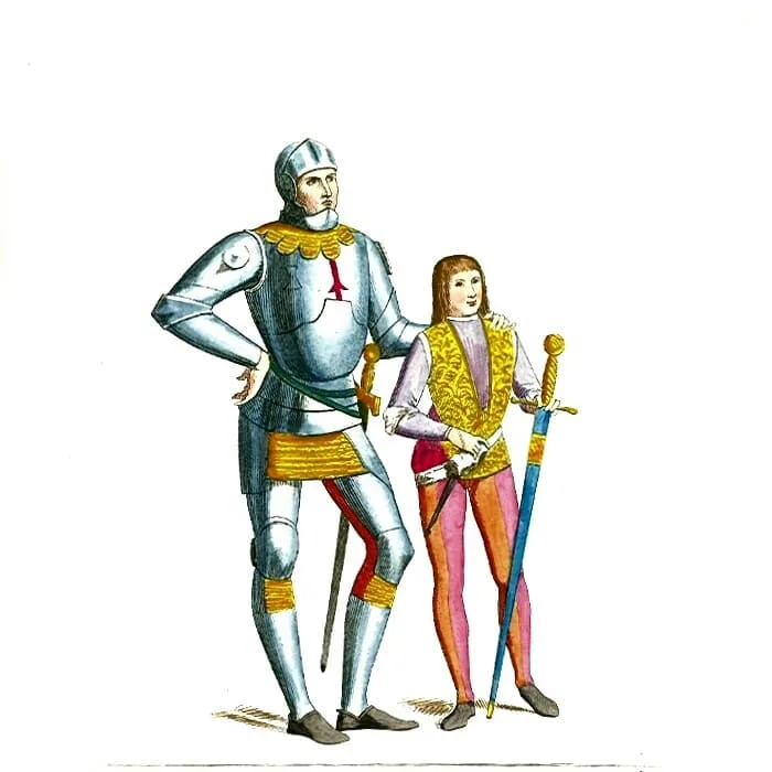 Chevalier en armure complète accompagné d’un jeune écuyer tenant une épée