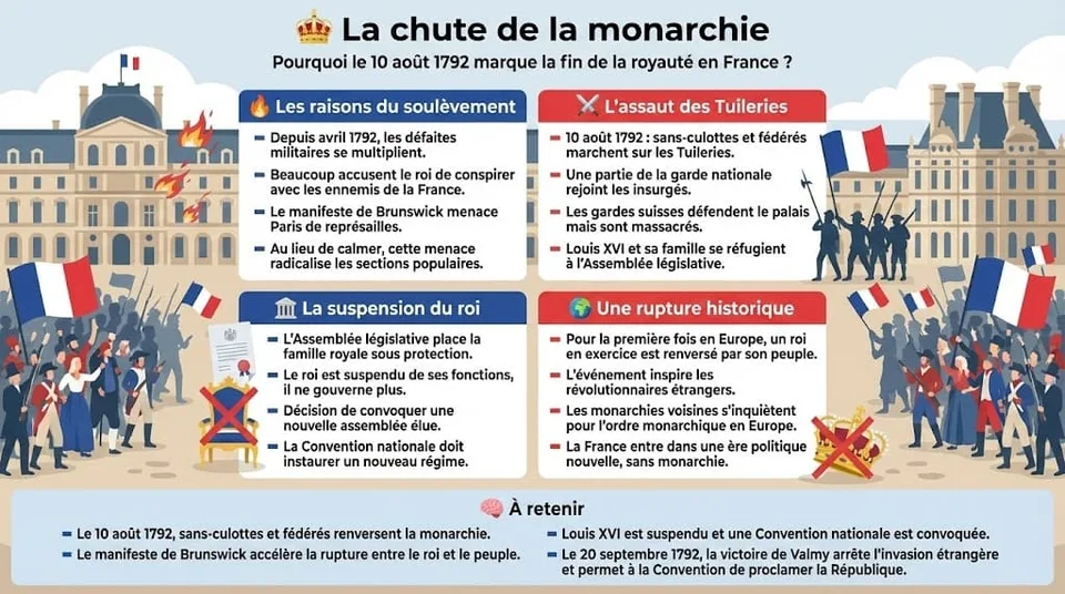 Infographie illustrant la journée insurrectionnelle du 10 août 1792. Elle détaille les raisons du soulèvement (menaces étrangères, défiance envers le roi), l'assaut sanglant des Tuileries par les sans-culottes, la suspension de Louis XVI et la rupture historique que constitue la chute de la monarchie.
