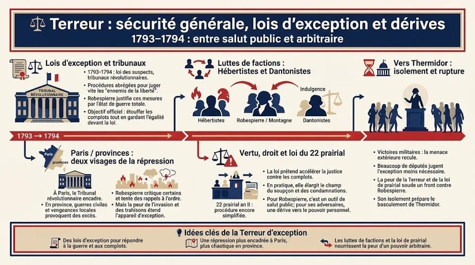 Infographie sur la biographie de Robespierre entre 1792 et 1793, montrant son ascension aux clubs des Jacobins, ses positions sur le suffrage, la guerre, le procĂšs de Louis XVI et la Constitution de 1793, avec la vertu comme boussole politique.