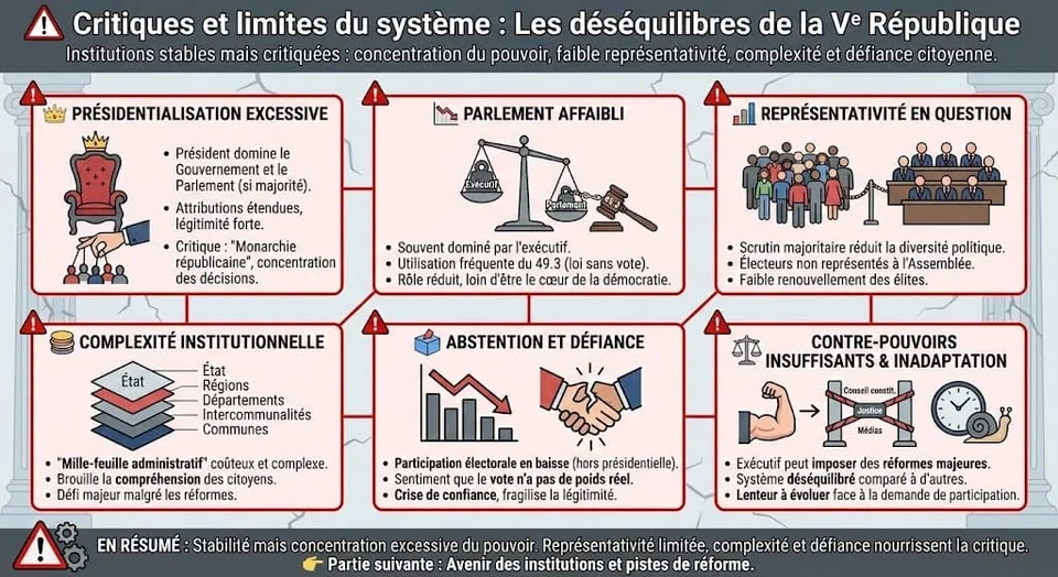 Infographie exposant les principales critiques faites aux institutions de la Ve République : présidentialisation excessive, affaiblissement du Parlement, manque de représentativité (scrutin majoritaire) et montée de l'abstention.
