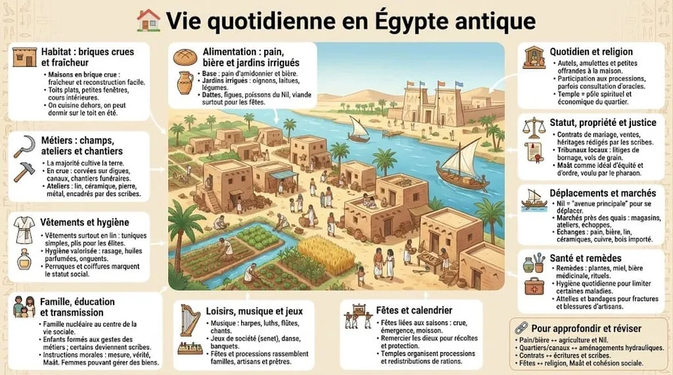 Illustration détaillée de la vie quotidienne dans un village égyptien antique, montrant l'habitat en briques crues, l'alimentation (pain, biÚre), la vie de famille, les loisirs et les métiers.