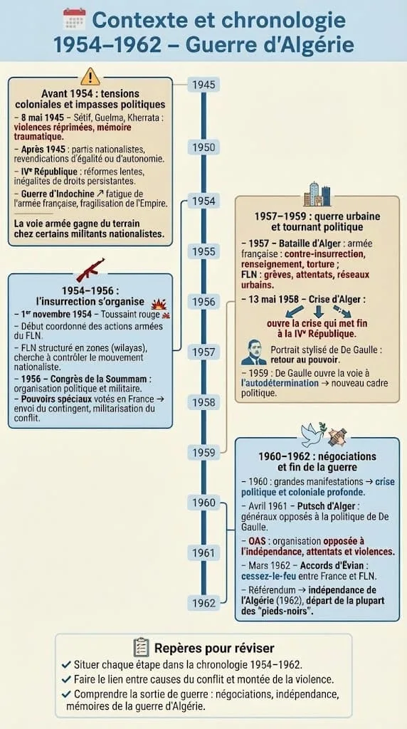 Infographie prĂ©sentant la chronologie simplifiĂ©e de la guerre dâAlgĂ©rie, des violences de 1945 Ă la Toussaint rouge de 1954, puis jusquâaux Accords dâĂvian et Ă lâindĂ©pendance en 1962.