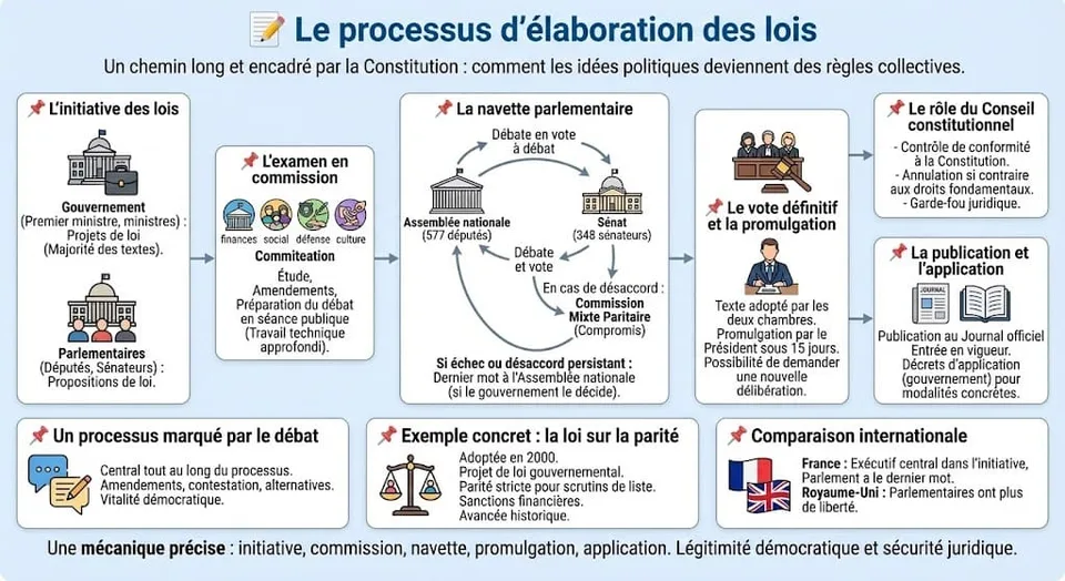 Diagramme de flux expliquant les étapes de l'élaboration des lois : de l'initiative (projet ou proposition) à la promulgation, en passant par l'examen en commission et la navette entre l'Assemblée et le Sénat.