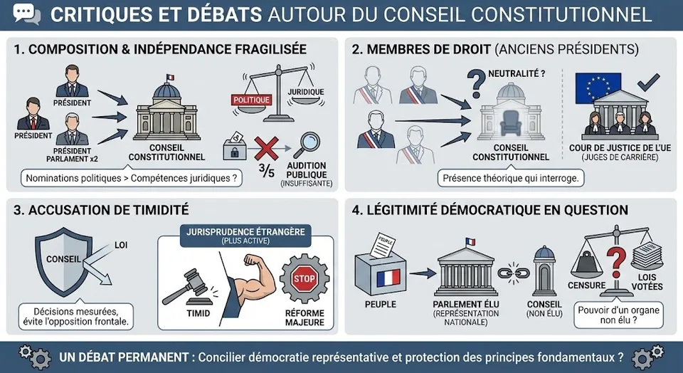 Infographie synthétisant les débats autour du Conseil : nominations politiques menaçant l'indépendance, présence des anciens présidents, timidité de la jurisprudence et manque de légitimité démocratique.