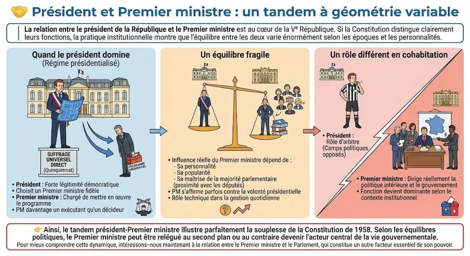 Illustration des trois configurations de la relation entre le PrĂ©sident et le Premier ministre sous la Ve RĂ©publique : domination prĂ©sidentielle (fait majoritaire), Ă©quilibre fragile, et cohabitation oĂč le Premier ministre dirige la politique intĂ©rieure.