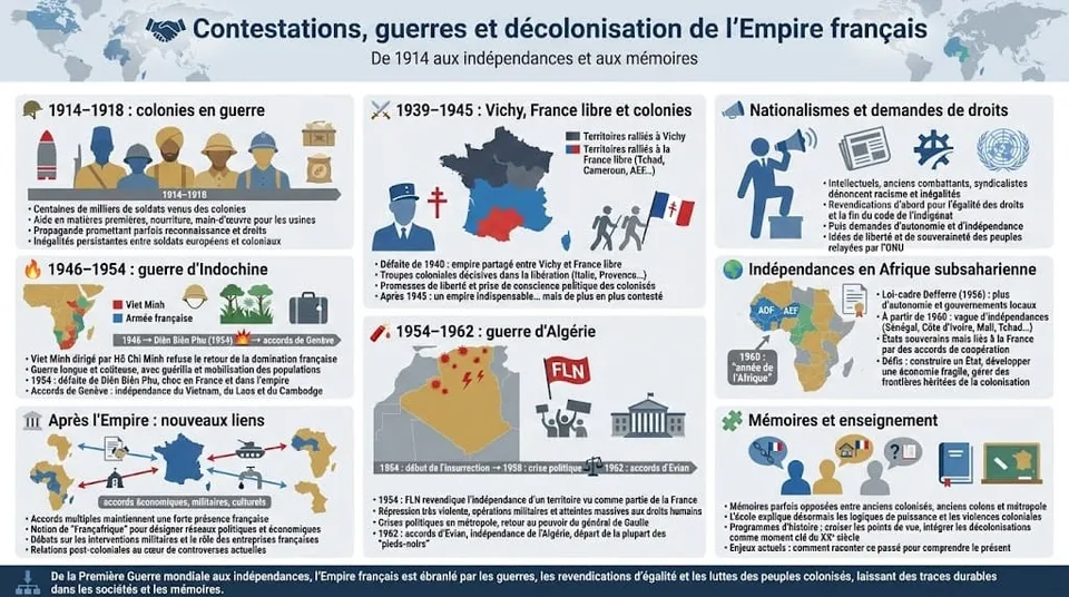 Infographie retraçant les principales étapes des contestations, des guerres coloniales et des décolonisations de l’Empire français, de la Première Guerre mondiale aux indépendances des années 1950-1960.