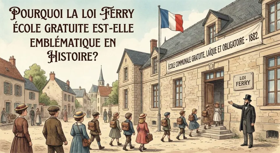 Illustration style gravure d'une école communale sous la IIIe République avec le drapeau français et des enfants entrant en classe, symbolisant l'instruction laïque et obligatoire instaurée par Jules Ferry