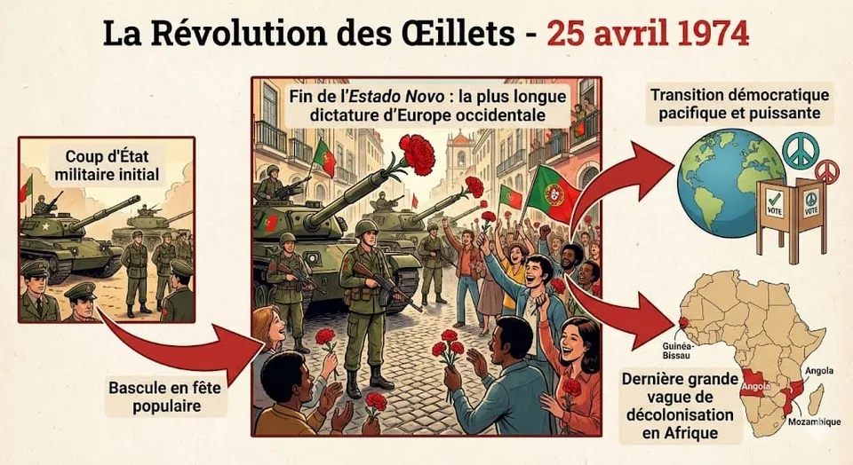 Infographie dĂ©taillĂ©e expliquant la RĂ©volution des Ćillets au Portugal. Le panneau de gauche montre le 'Coup d'Ătat militaire initial' avec des chars. Le panneau central illustre la 'Bascule en fĂȘte populaire' et la fin de la dictature, oĂč des soldats glissent des Ćillets rouges dans les canons de leurs fusils face Ă une foule joyeuse. Les panneaux de droite montrent une 'Transition dĂ©mocratique pacifique' avec une urne de vote et un globe, ainsi qu'une carte de l'Afrique soulignant la 'DerniĂšre grande vague de dĂ©colonisation' (Angola, Mozambique, GuinĂ©e-Bissau).