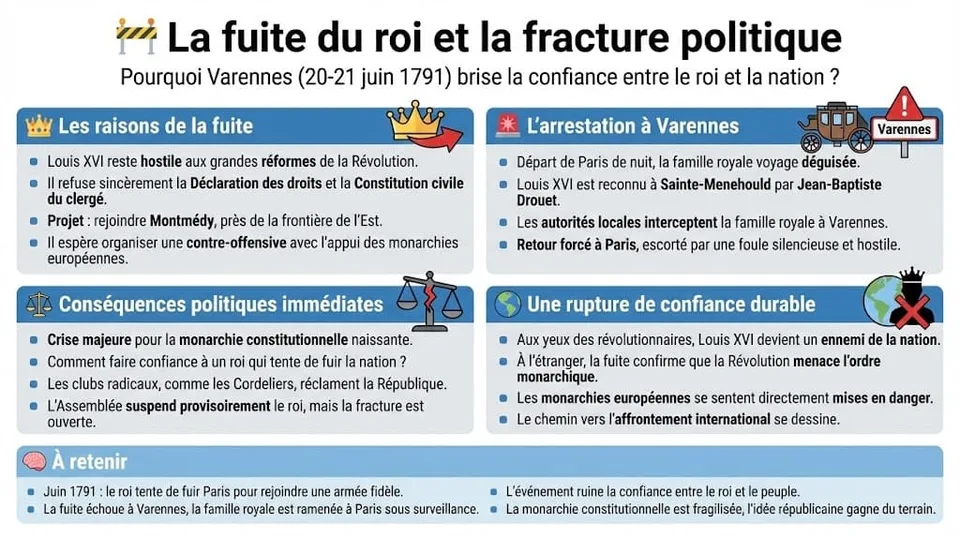 Infographie illustrant la tentative de fuite de Louis XVI en juin 1791. Elle détaille les raisons de son départ, son arrestation à Varennes, les conséquences politiques immédiates (suspension du roi) et la perte définitive de confiance qui fragilise la monarchie constitutionnelle.