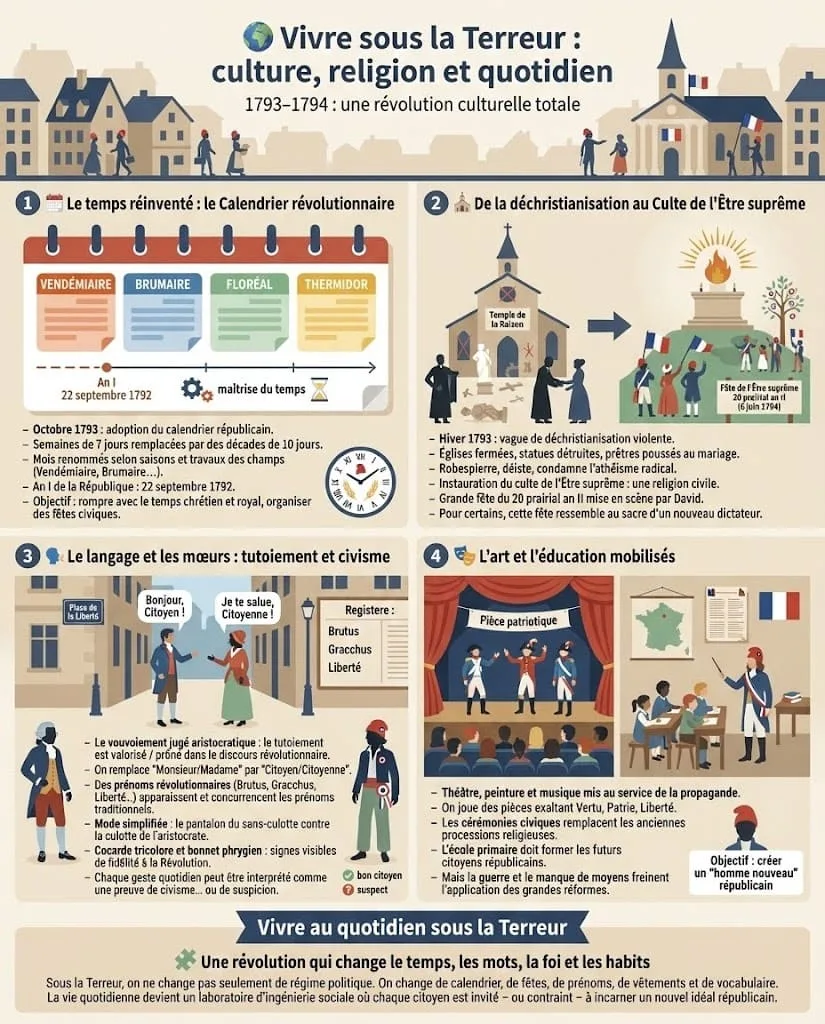 Infographie thĂ©matique sur les transformations de la vie quotidienne sous la Terreur : l'adoption du Calendrier rĂ©volutionnaire, la dĂ©christianisation et le Culte de l'Ătre suprĂȘme, l'Ă©volution du langage (tutoiement) et des vĂȘtements, et l'usage de l'art Ă des fins civiques.