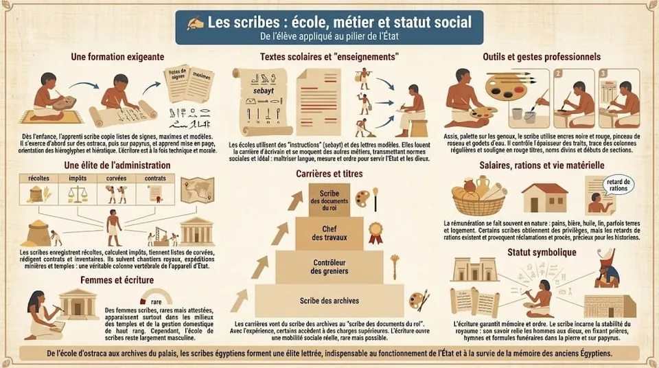 Infographie décrivant la formation des scribes égyptiens, leurs exercices scolaires, leurs outils (papyri, palettes, encres), leurs fonctions administratives et leur place privilégiée dans la société.