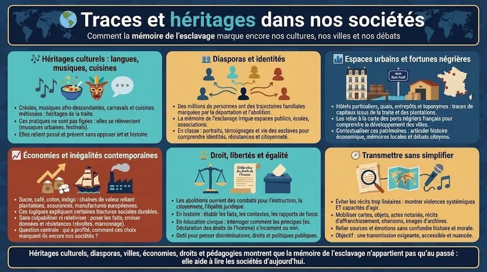Infographie expliquant comment la mémoire de l’esclavage marque encore les sociétés actuelles à travers les héritages culturels, les diasporas, les fortunes négrières, l’économie, le droit et les façons de transmettre.