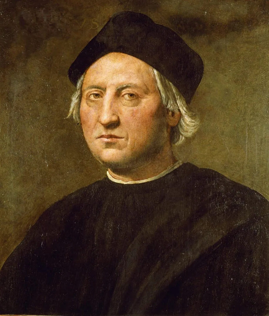 Portrait peint de Christophe Colomb, visage sĂ©vĂšre et vĂȘtement noir