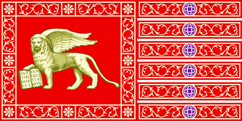 Drapeau de la République de Venise représentant le lion ailé de Saint-Marc tenant un livre ouvert, sur fond rouge avec franges décoratives